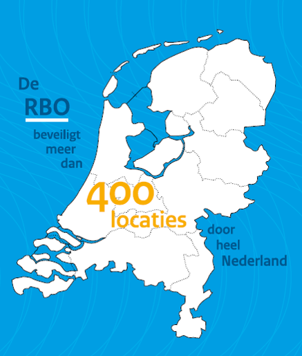 Kaart van Nederland met de tekst: de RBO beveiligt meer dan 400 locaties door heel Nederland
